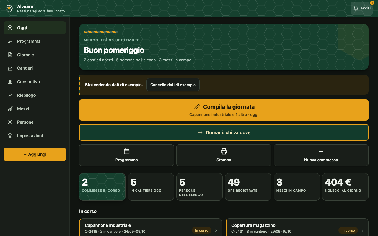 Alveare su computer: schermata Oggi con commesse, persone e accessi rapidi