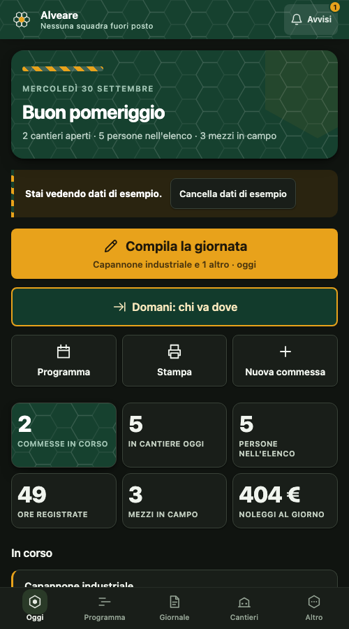 Alveare sul telefono: schermata Oggi con i cantieri aperti, le persone, le ore registrate e i pulsanti per compilare la giornata