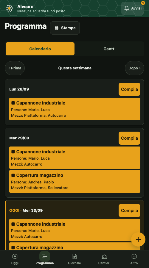 Schermata Programma con il pulsante Stampa e la settimana per giorni